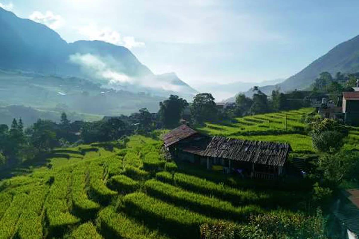 Traditional farmhouse with terraced rice fields in mountainous Sapa valley landscape with misty peaks in background